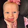 Ruby-Mae joined the competition — help win amazing prizes! adorable, baby, baby_girl, blue_eyes, car_seat, cheeks, child, closeup, clothing, cute, face, happy, headband, infant, pink_bow, portrait, seatbelt, smile, soft_lighting, tongue