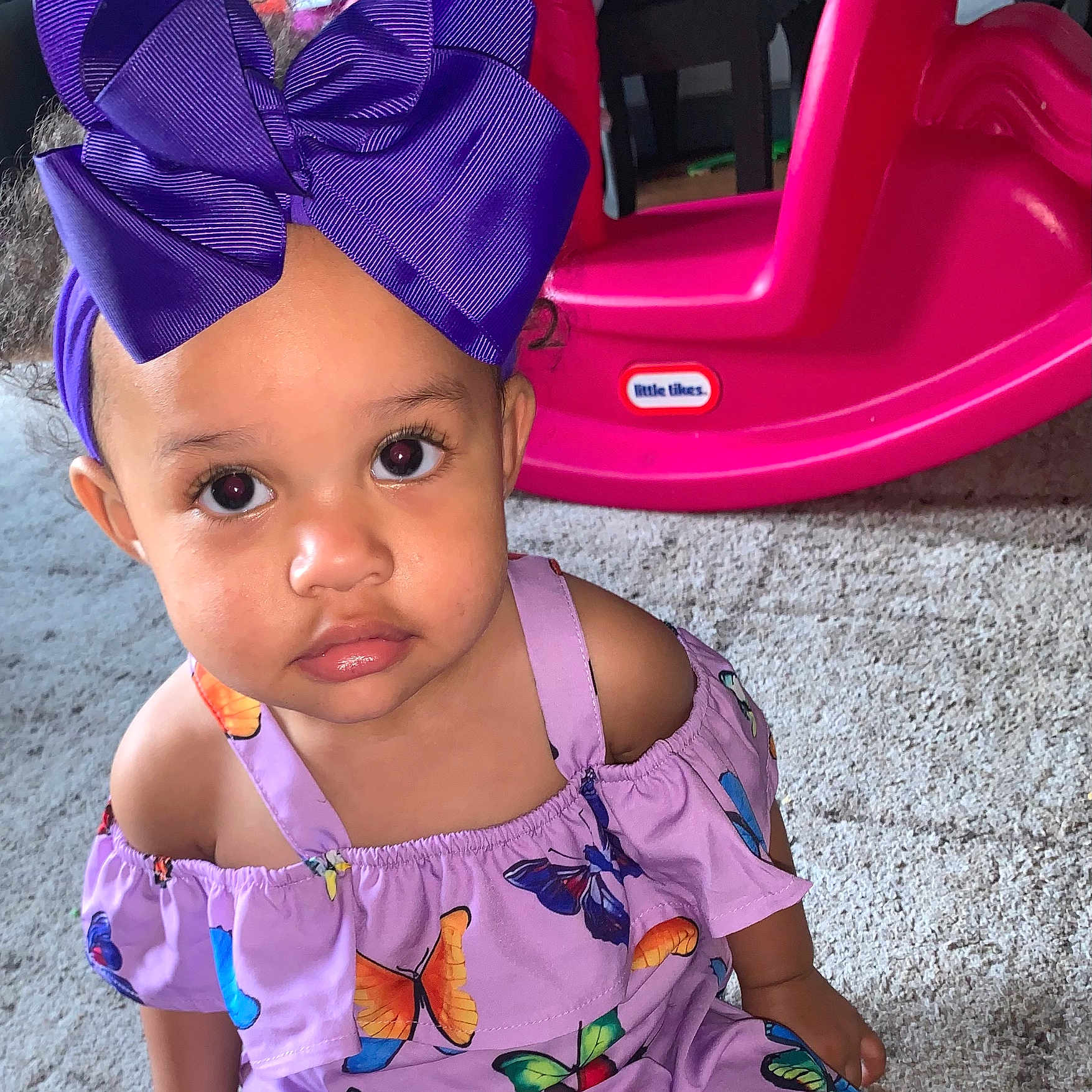 Dawson joined the competition — help win amazing prizes! accessories, baby, bodypart, clothing, dress, face, happy, hat, head, indoors, jewelry, necklace, outdoors, person, photography, portrait, purple, scarf, shoulder, smile