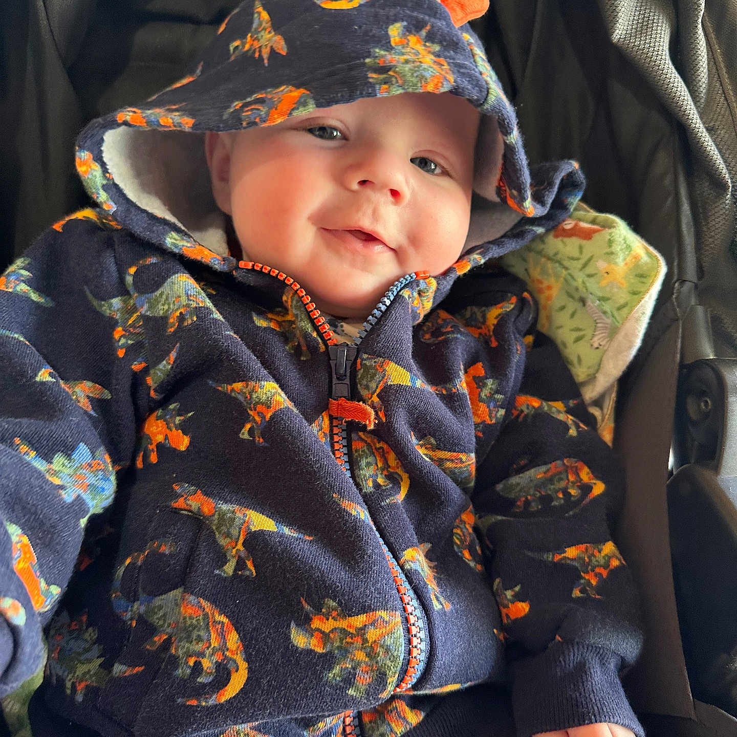 Rune joined the competition — help win amazing prizes! baby, blanket, casual_wear, child, clothing, cozy, cute, dinosaur_pattern, happy, hood, hoodie, indoor, infant, jacket, person, portrait, seated, smile, stroller, young_child
