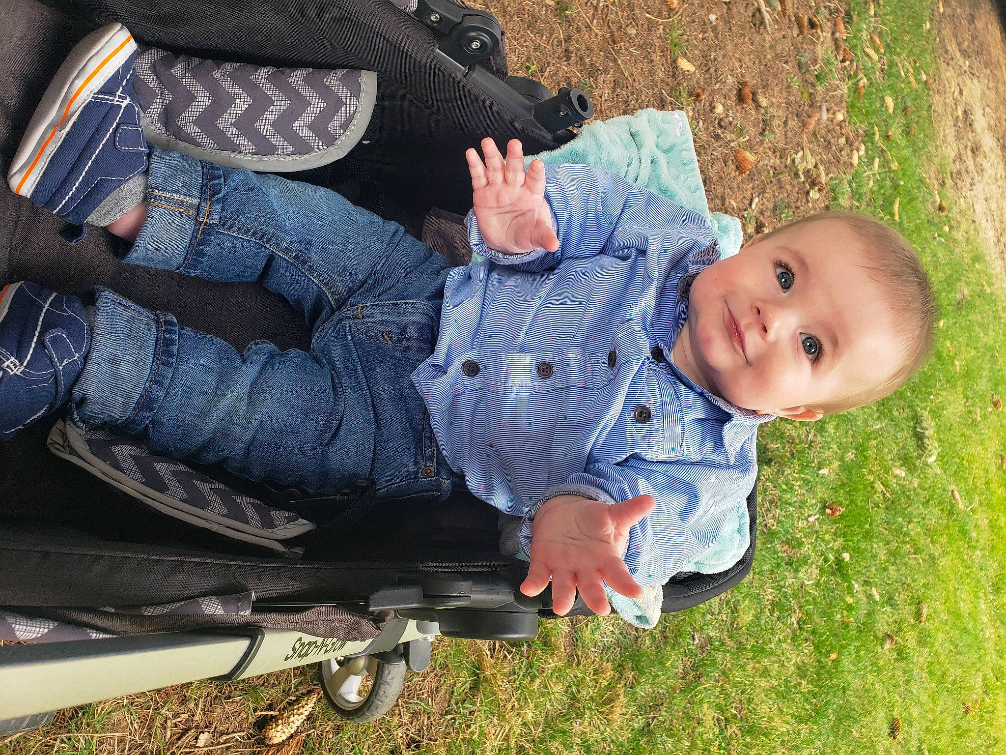 Hazen joined the competition — help win amazing prizes! baby, baby_products, baby_toddler_clothing, child, comfort, denim, electric_blue, fun, grass, happy, human_body, joy, lawn, leisure, people_in_nature, person, plant, sitting, sleeve, smile