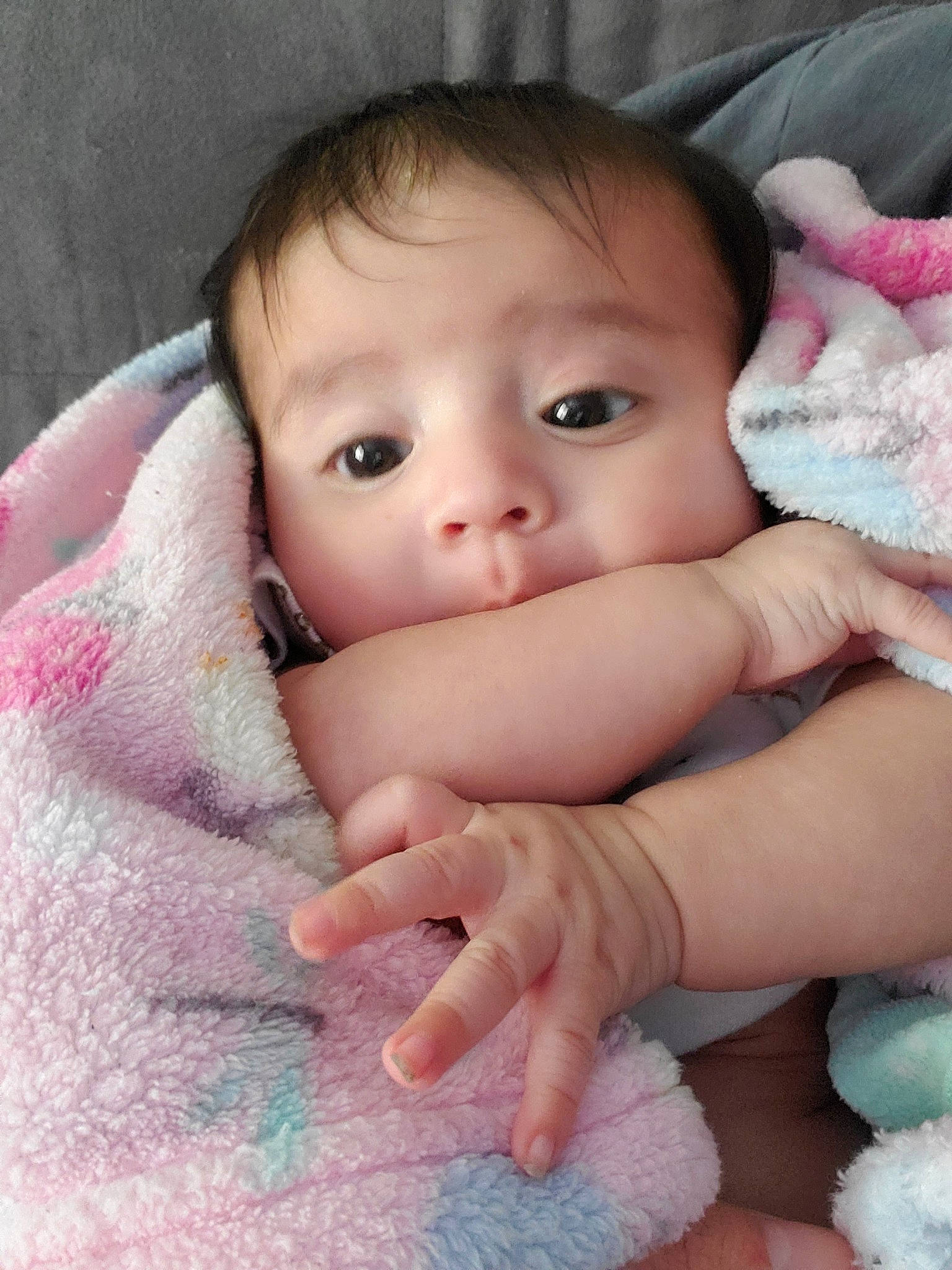 Azaylia is registered to the contest to win money with this photo: baby, beauty, cheek, child, close_up, eye, face, finger, forehead, hand, head, iris, joy, lip, mouth, nail, nose, person, pink, skin