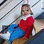 Judith participe au concours pour gagner de l'argent avec cette photo : babygirl, blue_pants, casual_clothing, child, cute, face, footwear, hair, hand, happy, indoor, person, portrait, red_sweater, sitting, smiling, stairs, toddler, white_shoes, wooden_stairs