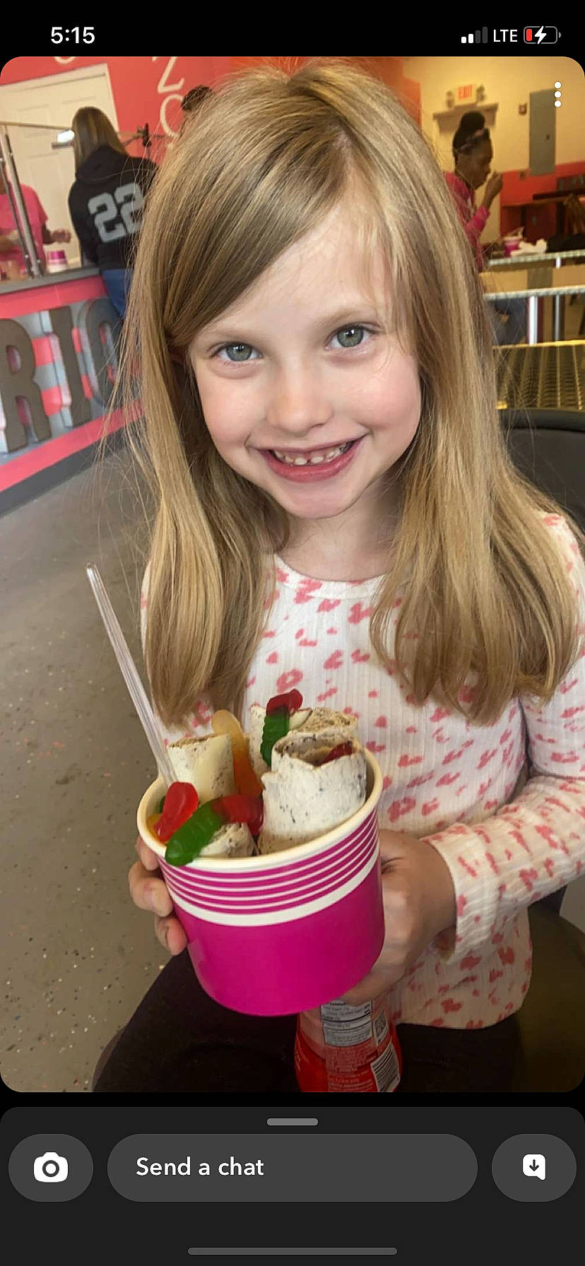 Presley is registered to the contest to win money with this photo: bookcase, child, cuisine, dish, dondurma, food, food_craving, gelato, ice_cream, ice_cream_cone, ingredient, joy, person, recipe, shelf, shelving, smile, sorbetes, soy_ice_cream, strawberry