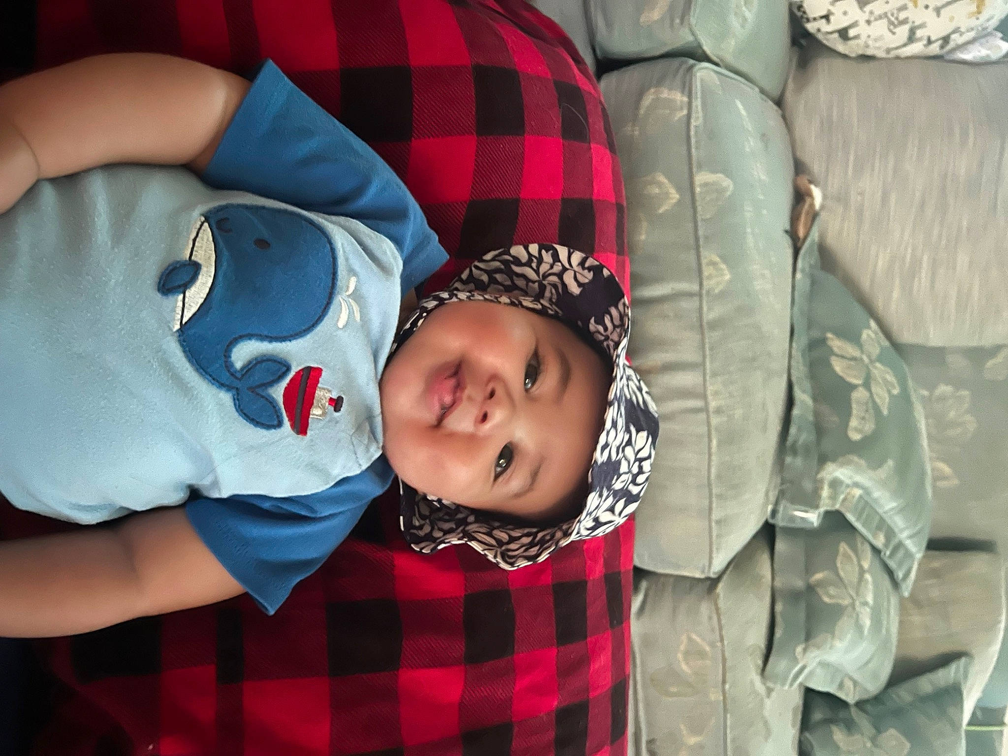 Dax joined the competition — help win amazing prizes! baby, baby_products, baby_toddler_clothing, carmine, cheek, child, comfort, fun, hat, headwear, linens, mouth, pattern, person, plaid, room, sitting, sleeve, smile, tartan
