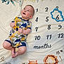 Roman is registered to the contest to win money with this photo: baby, child, infant, romper, toy, blanket, numbers, months, animal_print, smiling, lying_down, cute, playful, colorful, happy, indoors, face, head, skin, feet