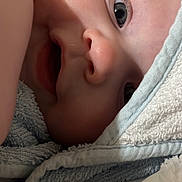 Dexter joined the competition — help win amazing prizes! baby, close_up, face, eyes, towel, skin, infant, mouth, nose, soft, texture, blanket, child, newborn, cute, portrait, expression, wrapped, comfort, sleepy