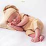 newborn, baby, sleeping, pillow, beige, knitwear, infant, peaceful, cute, cozy, minimalist, soft, portrait, resting, child, small, hands, feet, headwear, blanket