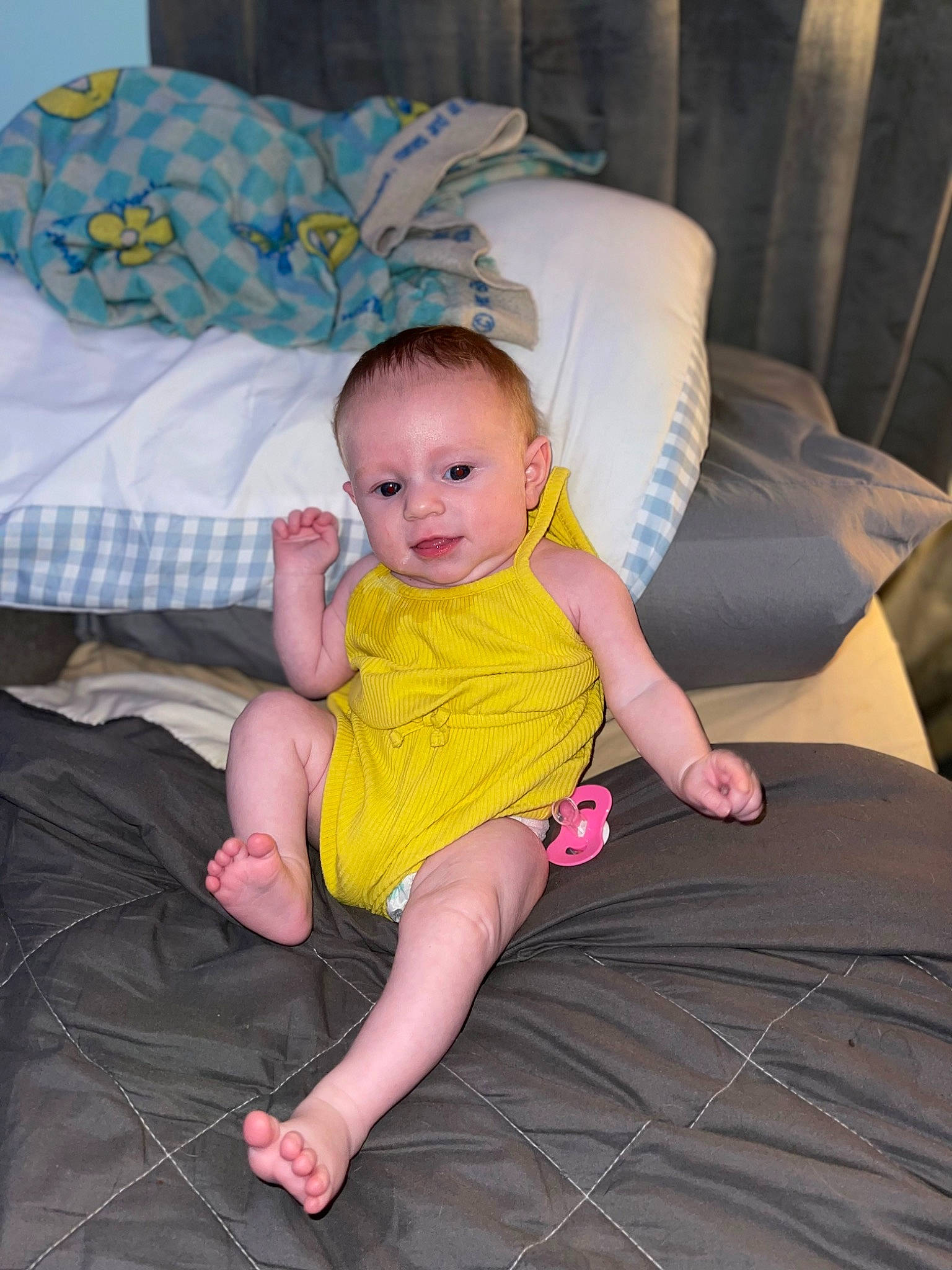 Kenlee joined the competition — help win amazing prizes! baby, baby_toddler_clothing, barefoot, cheek, child, comfort, couch, eye, face, foot, fun, happy, human_leg, iris, knee, lap, person, sitting, thigh, toddler