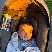 Adam participe au concours pour gagner de l'argent avec cette photo : baby, bear_print, blanket, child, clothing, cushion, face, golden_hour, happy, infant, nature, outdoor, palm_trees, park, people, seat_belt, shade, stroller, sunlight, walking