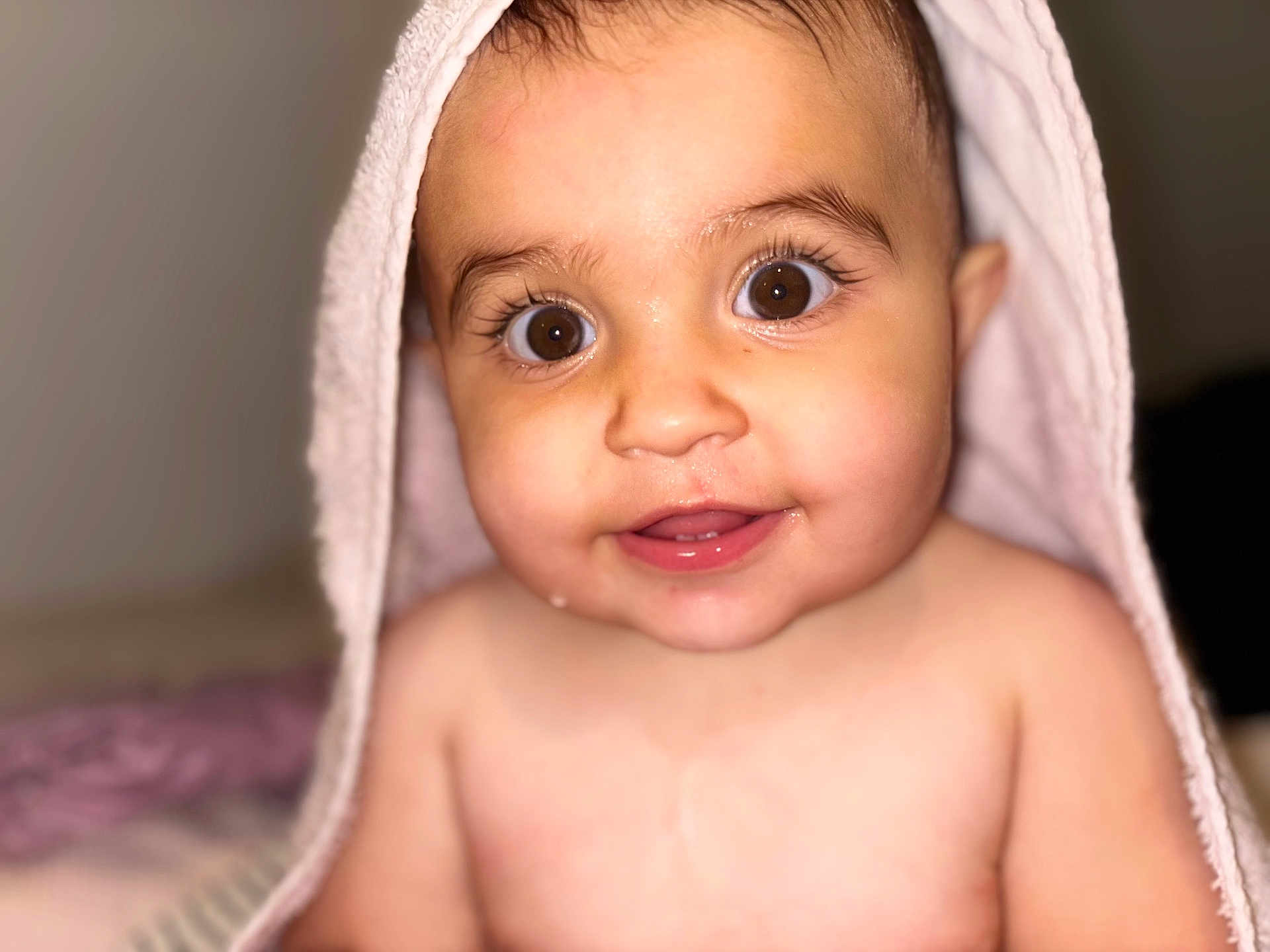 Remiah-Rose is registered to the contest to win money with this photo: baby, child, towel, face, eyes, smile, skin, portrait, cute, infant, expression, indoors, soft, young, person, head, mouth, cheeks, newborn, closeup