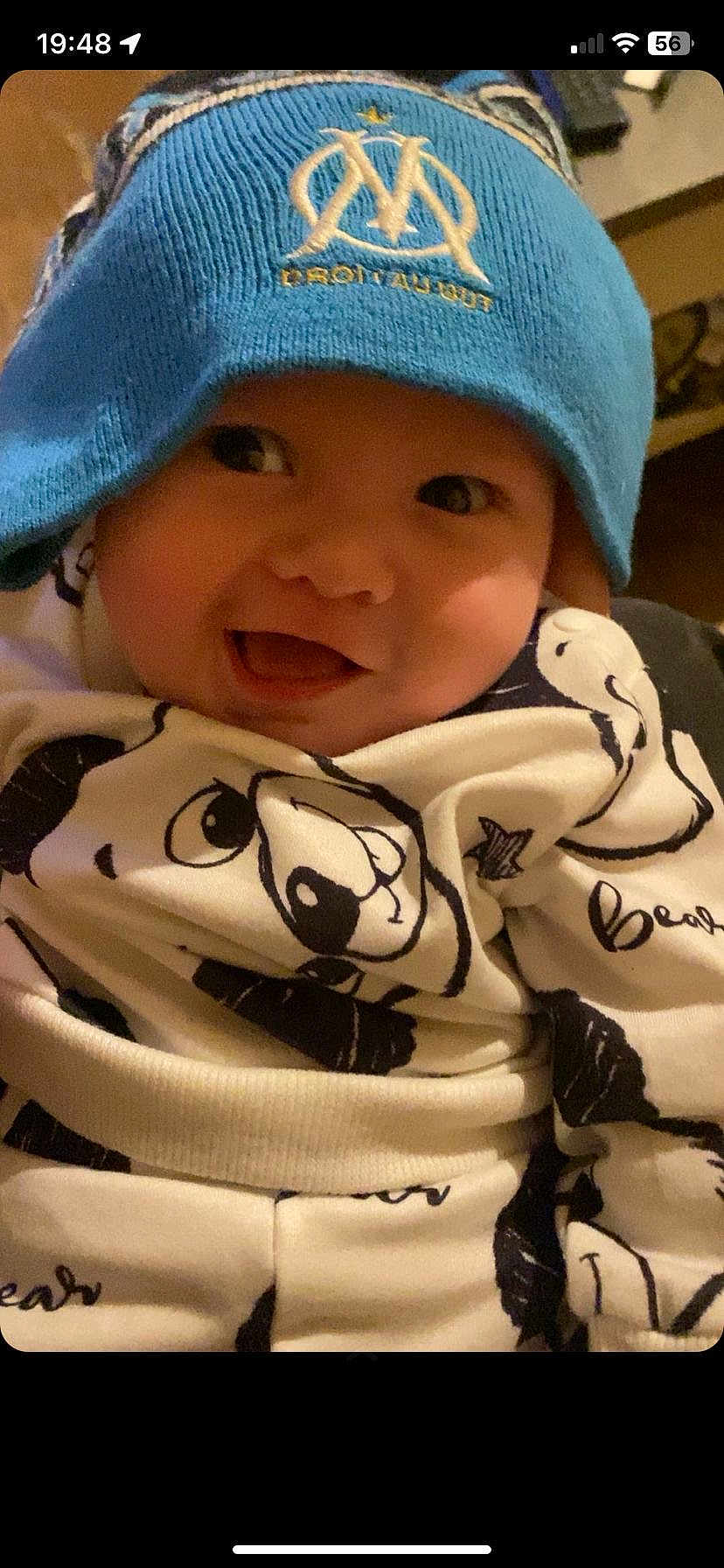 Lyamm participe au concours pour gagner de l'argent avec cette photo : child, baby, infant, beanie, hat, smile, smiling, happy, cheeks, eyes, onesie, panda_print, clothing, closeup, portrait, cozy, indoor, headwear, cute, expression