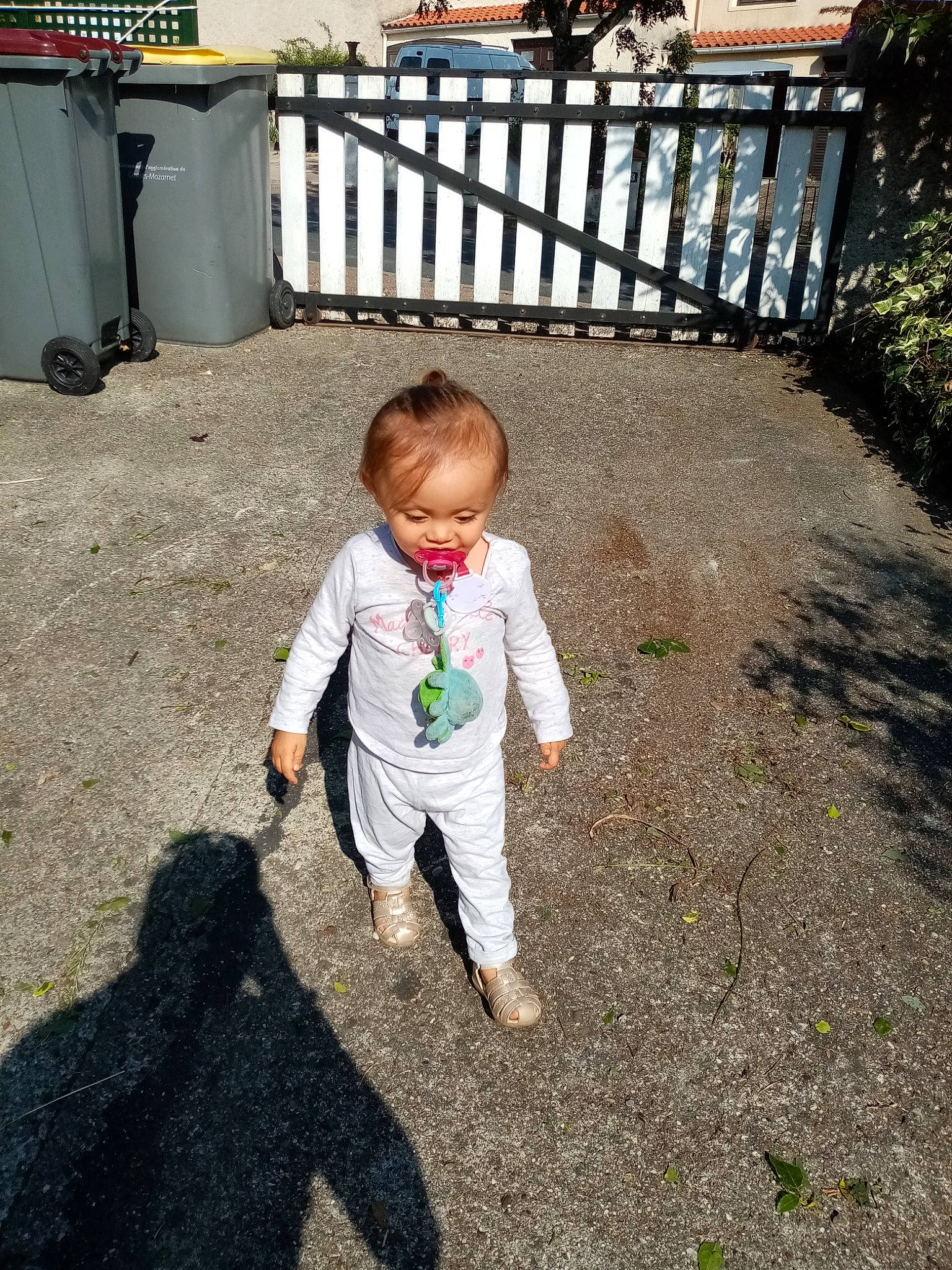 Prudence participe au concours pour gagner de l'argent avec cette photo : asphalt, baby, baby_toddler_clothing, child, fence, fun, gas, grass, landscape, lawn, mammal, people_in_nature, person, plant, road_surface, sidewalk, sitting, soil, toddler, waste_container