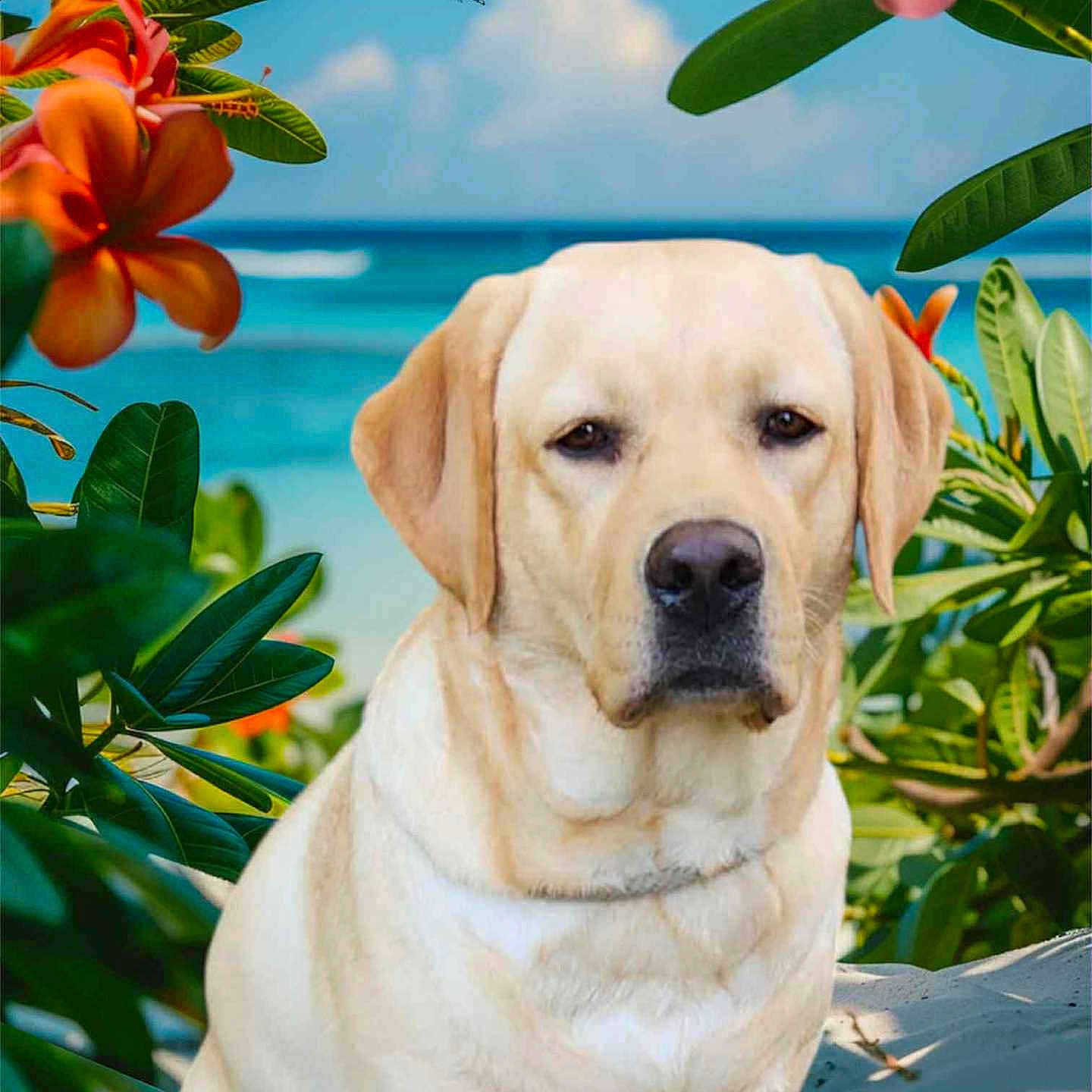 Tweed is registered to the contest to win money with this photo: dog, labrador_retriever, beach, sand, ocean, sky, cloud, flower, orange_flower, green_leaves, tropical, nature, outdoor, pet, animal, calm, portrait, summer, sunlight, relaxation
