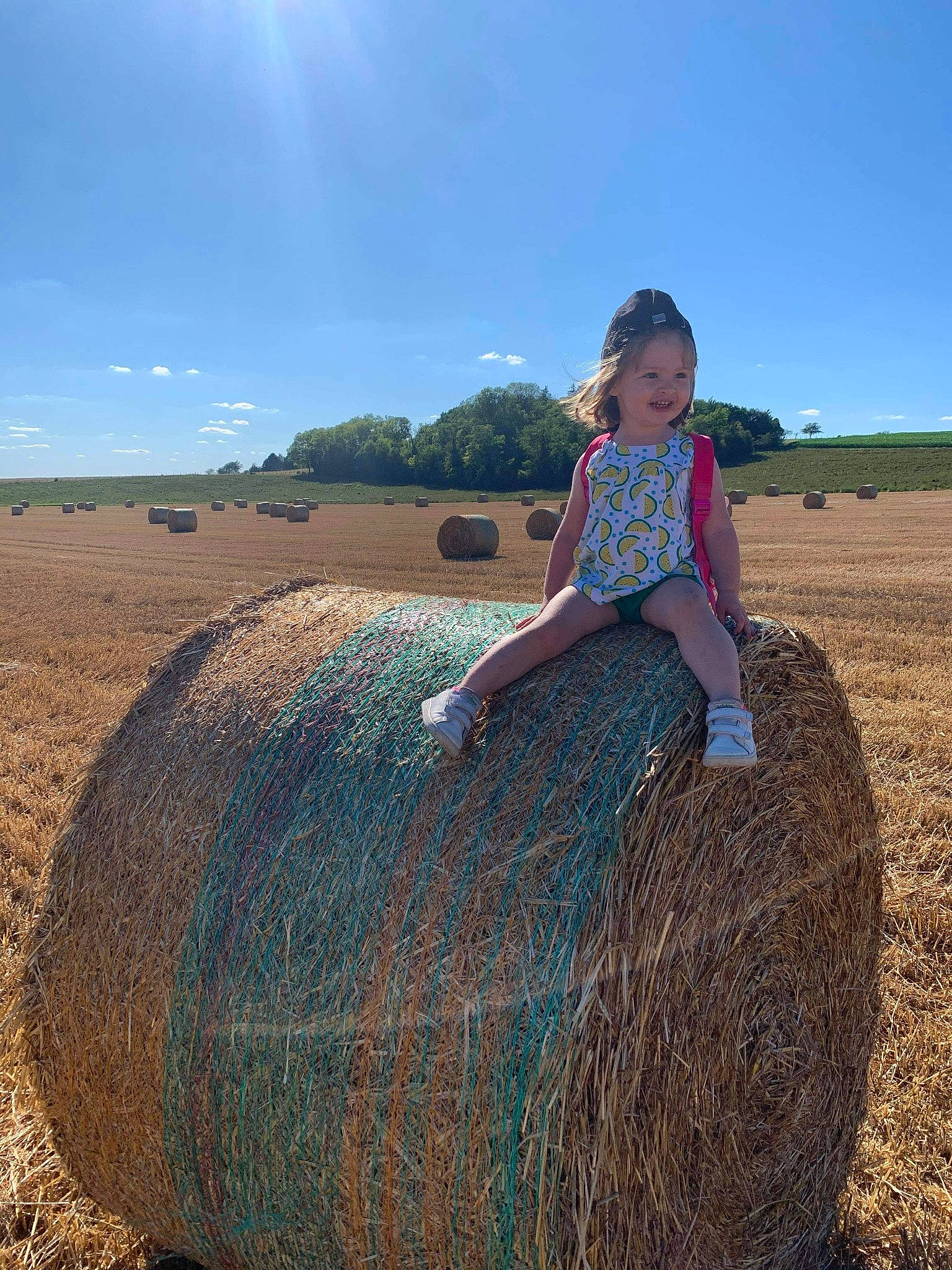 Louna participe au concours pour gagner de l'argent avec cette photo : agriculture, child, farm, field, grass, grass_family, grassland, hay, joy, landscape, pasture, person, plain, plant, rural_area, sitting, sky, straw