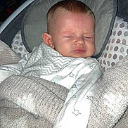 Jaylen is registered to the contest to win money with this photo: baby, sleeping, blanket, onesie, star_pattern, cushion, infant, cozy, child, face, head, soft, indoor, comfort, cute, rest, clothing, person, closeup, naptime