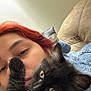 Nova joined the competition — help win amazing prizes! person, cat, kitten, black_cat, paw, face, red_hair, couch, pillow, indoor, snuggling, closeup, pet, cute, cozy, animal, feline, fur, whiskers, relaxing