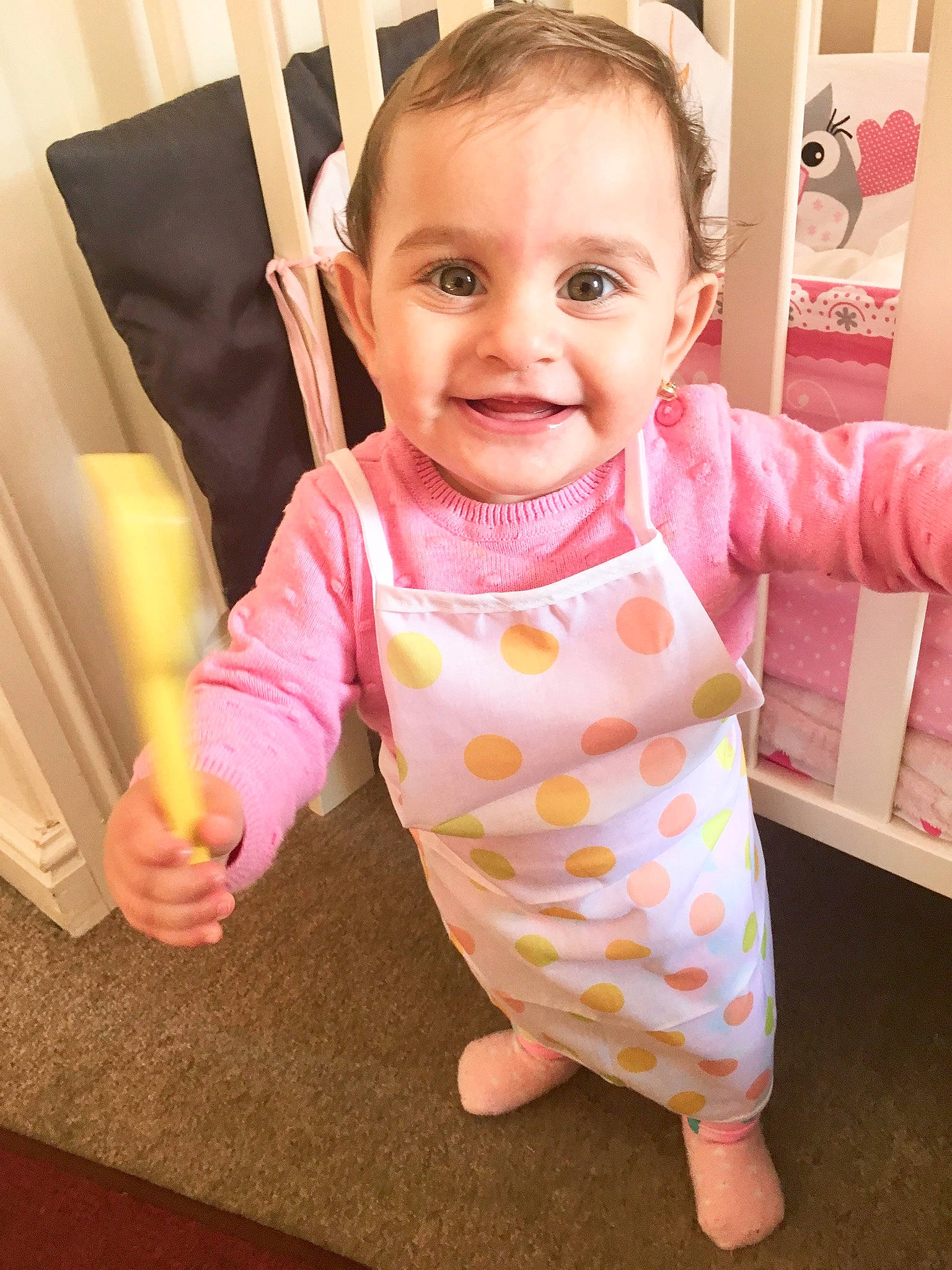 Jasmin joined the competition — help win amazing prizes! baby, baby_products, baby_toddler_clothing, child, face, head, joy, pattern, person, pink, room, skin, smile, toddler