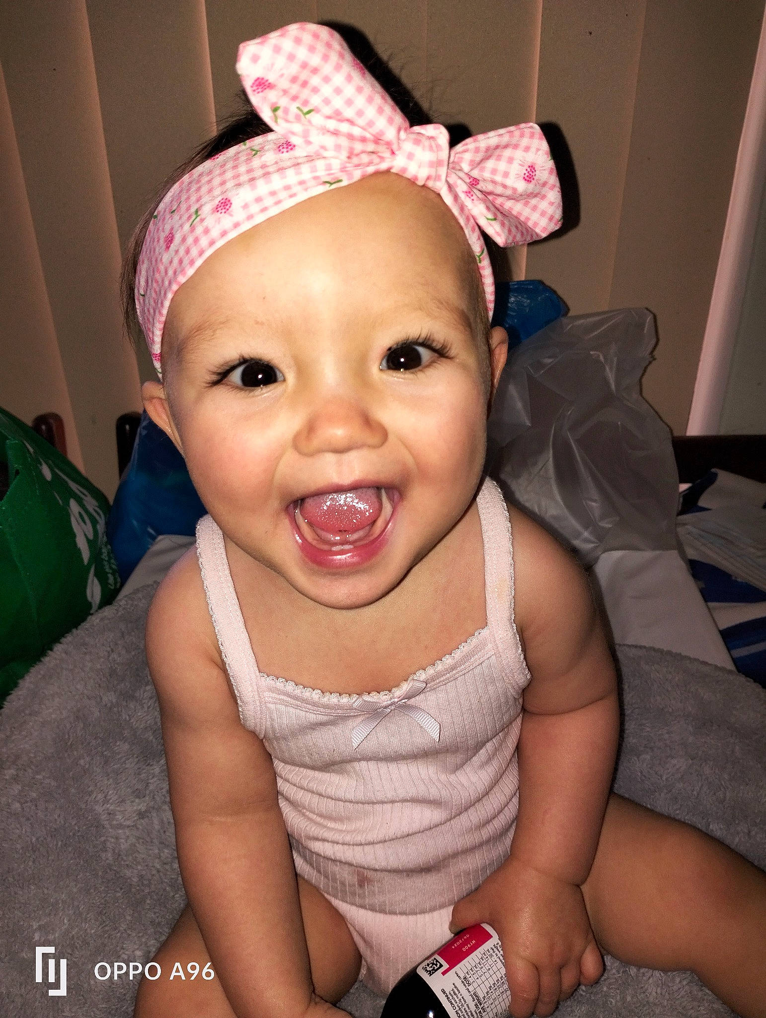 Frankie joined the competition — help win amazing prizes! baby, baby_toddler_clothing, cap, cheek, child, costume_hat, ear, eye, eyebrow, eyelash, happy, headband, headpiece, headwear, iris, lip, neck, person, pink, skin