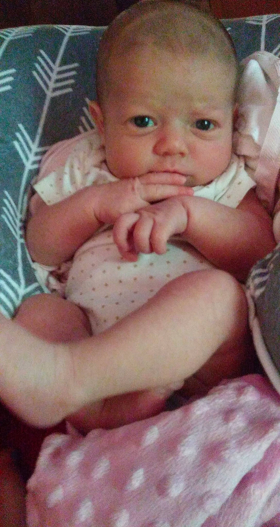 Kaylynn joined the competition — help win amazing prizes! baby, baby_toddler_clothing, cheek, comfort, eye, eyebrow, eyelash, finger, gesture, happy, iris, linens, lip, nail, nose, person, pink, skin, sleeve, thumb