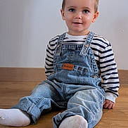 Liano participe au concours pour gagner de l'argent avec cette photo : toddler, child, sitting, denim_overalls, striped_shirt, white_socks, wooden_floor, indoor, cute, portrait, young_child, casual_clothing, denim, flooring, person, smiling, baby, face, head, expression