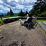 person, dog, wheelchair, outdoor, cloudy_sky, trees, bench, stone_wall, paved_path, greenery, nature, happy_dog, companion, landscape, daylight, scenic, relaxation, wheelchair_user, leash, park