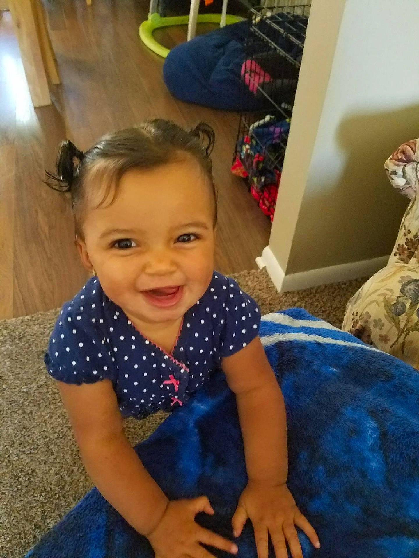 Briley joined the competition — help win amazing prizes! blue, cheek, child, day, eye, face, girl, hair, hairstyle, head, human_hair_color, infant, joy, mouth, organ, play, product, sitting, skin, smile