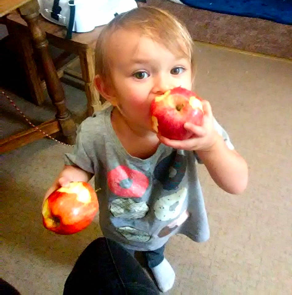 Alissa joined the competition — help win amazing prizes! apple, baby, child, finger, food, fruit, mouth, person, plant, play, smile, toddler