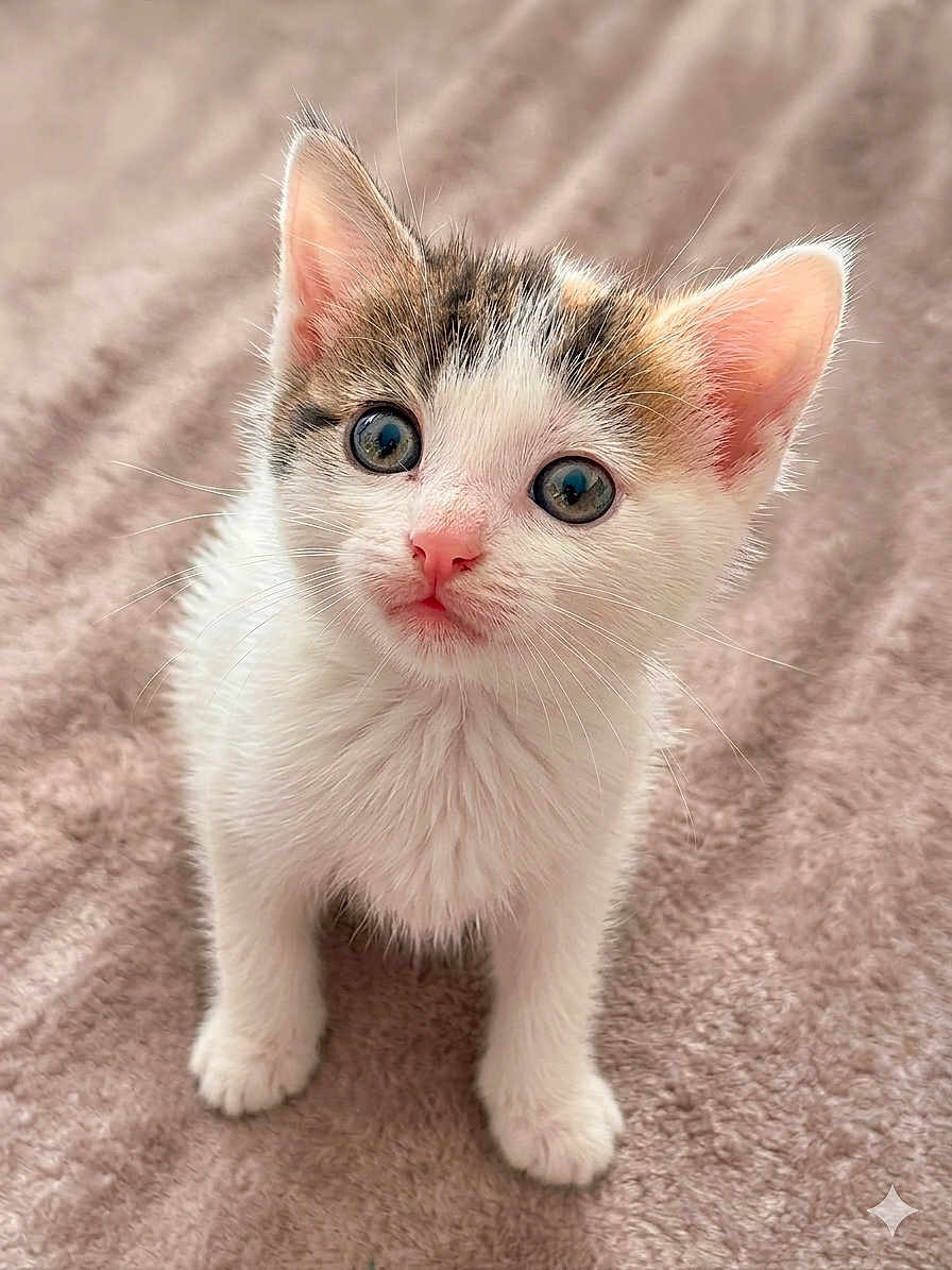Cybèle a rejoint le concours — aidez-le/la à gagner de superbes lots ! kitten, cat, pet, animal, whiskers, blue_eyes, pink_nose, white_fur, tabby_markings, ears, paws, blanket, soft_texture, close_up, portrait, adorable, curious, indoor, sitting, looking_up