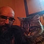 animal, beard, blur, brown, cat, closeup, cozy, face, feline, glasses, hairless_head, indoor, man, orange_wall, person, pet, portrait, tabby_cat, whiskers, window