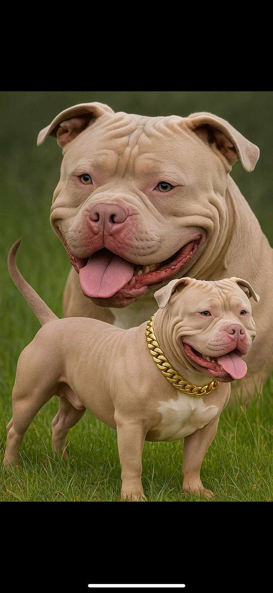 Isi participe au concours pour gagner de l'argent avec cette photo : dog, tan, pitbull, smiling, tongue_out, gold_chain, grass, outdoor, pet, animal, portrait, happy, cute, friendly, mammal, canine, standing, wrinkles, ears, nose