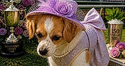 Susie is registered to the contest to win money with this photo: accessory, animal, celebration, costume, cute, dog, dress, event, fashion, flowers, grass, hat, kentucky_derby, outdoor, pet, portrait, puppy, purple, stadium, trophy