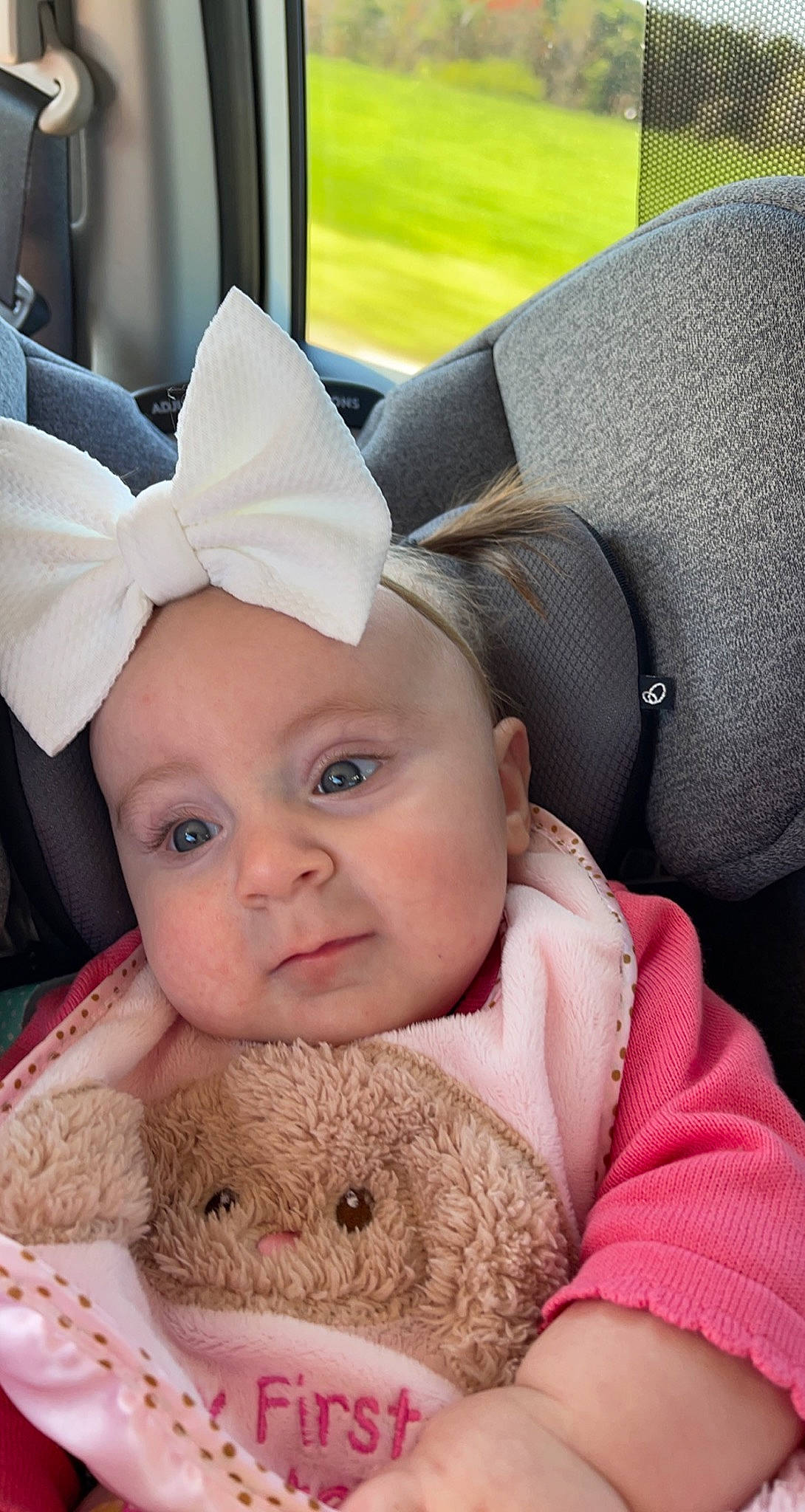 Mila Grace joined the competition — help win amazing prizes! baby, baby_toddler_clothing, cap, cheek, ear, eye, face, fawn, happy, head, headgear, headwear, mammal, nose, party_hat, person, pink, skin, textile, toddler