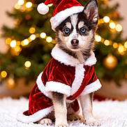 Bounty a rejoint le concours — aidez-le/la à gagner de superbes lots ! puppy, dog, husky, blue_eyes, christmas, santa_claus_costume, red_hat, red_coat, white_fur_trim, holiday, christmas_tree, bokeh, festive, cute, pet, fluffy_carpet, indoors, decorations, winter, celebration