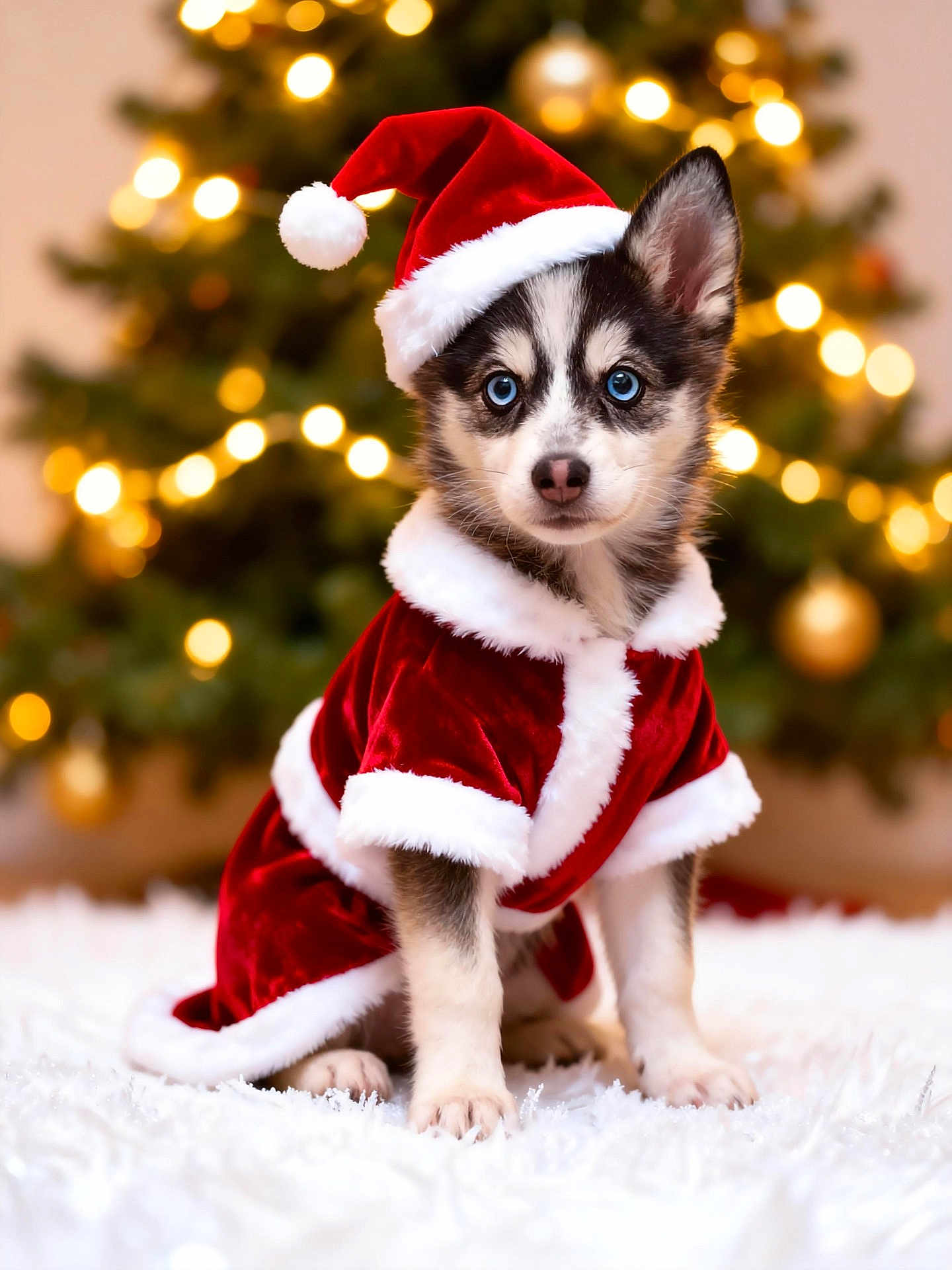 Bounty a rejoint le concours — aidez-le/la à gagner de superbes lots ! puppy, dog, husky, blue_eyes, christmas, santa_claus_costume, red_hat, red_coat, white_fur_trim, holiday, christmas_tree, bokeh, festive, cute, pet, fluffy_carpet, indoors, decorations, winter, celebration