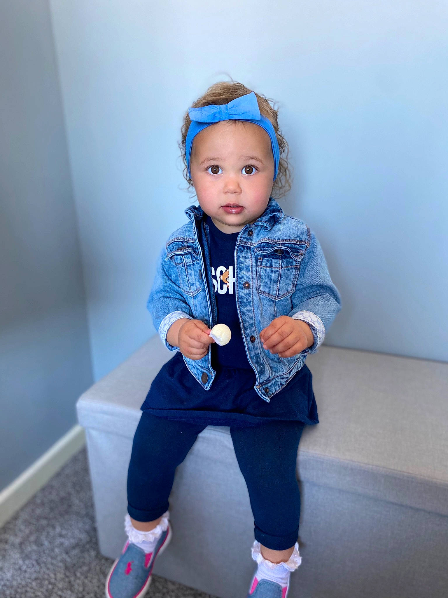 Myla joined the competition — help win amazing prizes! azure, baby, baby_toddler_clothing, electric_blue, eye, face, head, headwear, human_leg, knee, leg, magenta, outerwear, person, personal_protective_equipment, pink, sleeve, sneakers, sock, t_shirt