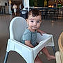 toddler, child, high_chair, indoor, cafeteria, person, furniture, table, floor, shirt, footwear, expression, curious, hair, skin, legs, seat, modern, plant_wall, people