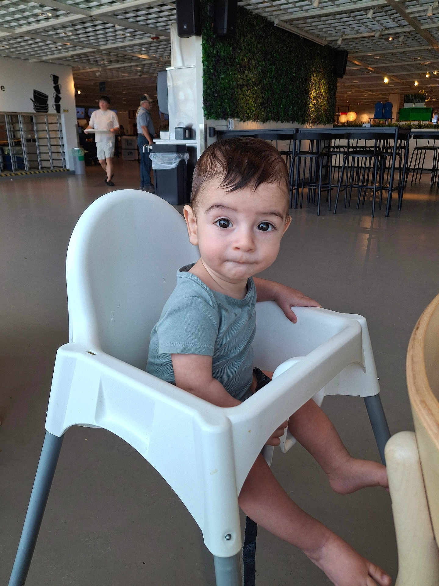 John is registered to the contest to win money with this photo: toddler, child, high_chair, indoor, cafeteria, person, furniture, table, floor, shirt, footwear, expression, curious, hair, skin, legs, seat, modern, plant_wall, people