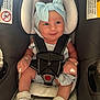 Scarlett joined the competition — help win amazing prizes! baby, car_seat, headband, mittens, socks, smile, infant, child, safety_harness, cute, pink, blue, clothing, person, portrait, indoors, seat, happy, young_child, baby_accessory