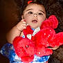 Audrey is registered to the contest to win money with this photo: baby, child, red_bear, plush_toy, blue_dress, bow, face, hand, fuzzy_background, cute, infant, portrait, soft_toy, smiling, indoor, closeup, happy, holding, person, young_child
