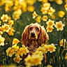 Vanille participe au concours pour gagner de l'argent avec cette photo : dog, flower, daffodil, yellow, spring, nature, outdoor, pet, cute, animal, field, green, grass, portrait, fluffy, ears, garden, summer, sunlight, bloom
