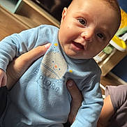 Neyla participe au concours pour gagner de l'argent avec cette photo : baby, child, smiling, blue_outfit, indoor, person, hand, face, cute, happy, infant, clothing, sitting, home, furniture, television, floor, skin, portrait, young