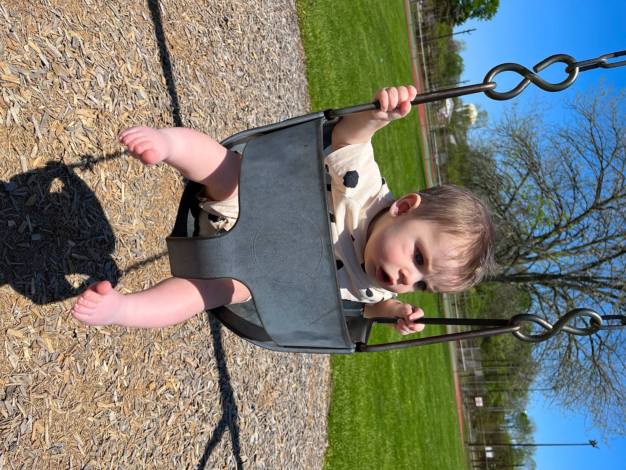 Devin joined the competition — help win amazing prizes! baby, child, city, fun, grass, happy, leaf, leisure, outdoor_play_equipment, people_in_nature, person, plant, play, playground, recreation, sky, smile, swing, toddler, tree