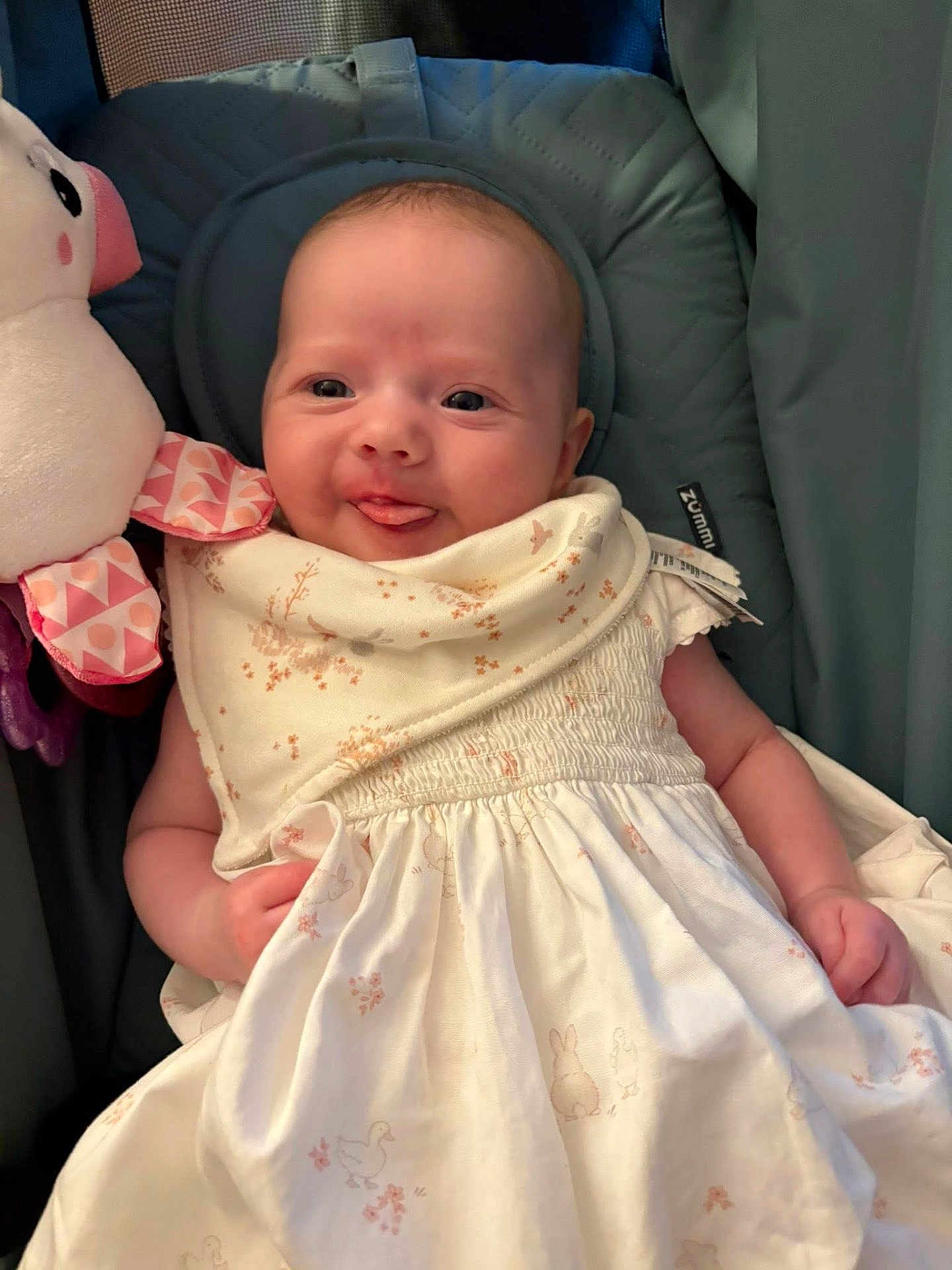 Clementine is registered to the contest to win money with this photo: baby, infant, face, tongue, dress, bib, plush_toy, stuffed_animal, seat, smile, cute, child, person, clothing, indoors, happy, skin, head, apparel, fabric
