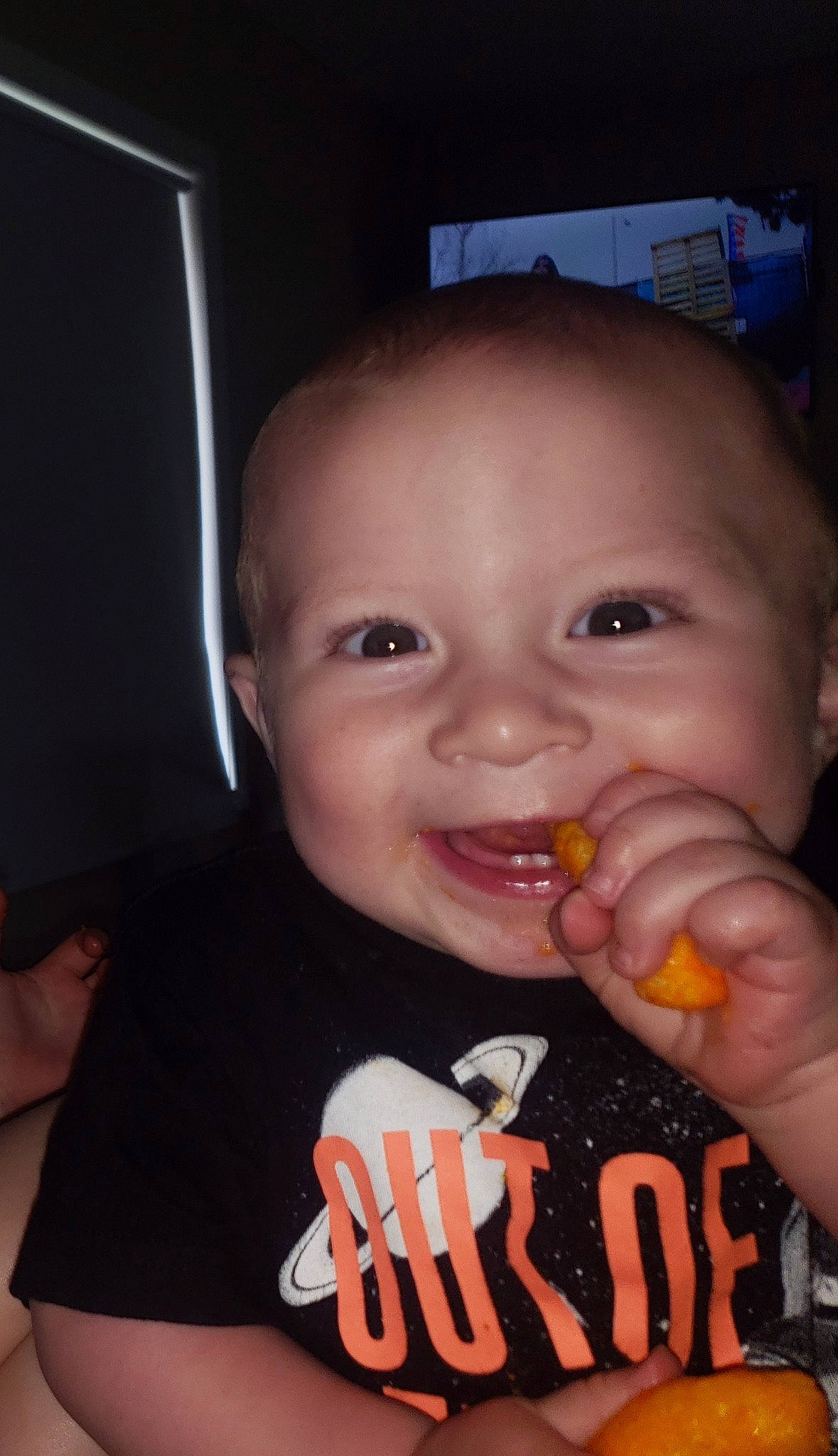 Axton joined the competition — help win amazing prizes! baby, cheek, child, comfort_food, cool, eating, eye, face, finger, food, fun, head, joy, lip, mouth, nose, person, side_dish, smile, thumb