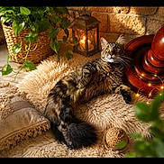 Aura a rejoint le concours — aidez-le/la à gagner de superbes lots ! cat, tabby, fluffy_rug, pillow, plant, lantern, wooden_furniture, cozy, indoor, relaxed, pet, animal, fur, whiskers, eyes, resting, home_decor, natural_light, warm_tones, comfortable