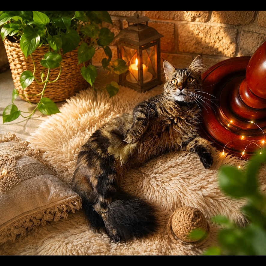 Aura a rejoint le concours — aidez-le/la à gagner de superbes lots ! cat, tabby, fluffy_rug, pillow, plant, lantern, wooden_furniture, cozy, indoor, relaxed, pet, animal, fur, whiskers, eyes, resting, home_decor, natural_light, warm_tones, comfortable