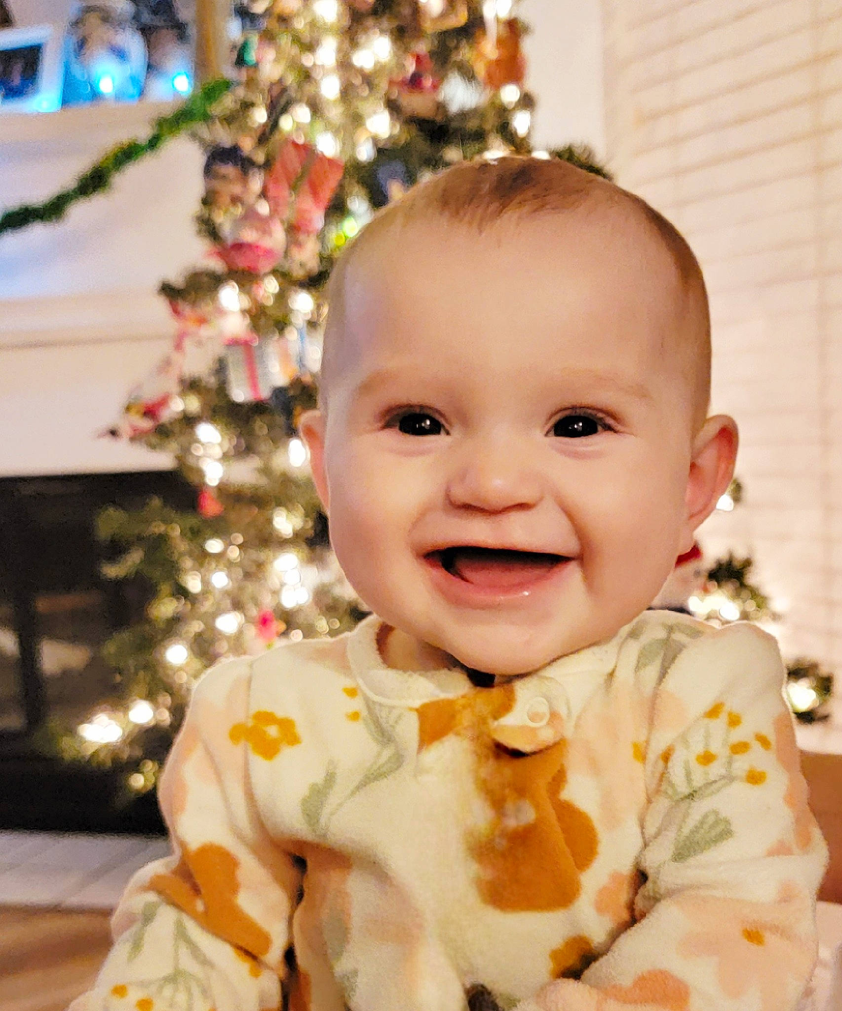 Abigail is registered to the contest to win money with this photo: baby, baby_laughing, baby_toddler_clothing, cheek, child, christmas, christmas_decoration, christmas_ornament, christmas_tree, collar, conifer, event, eye, happy, holiday, holiday_ornament, joy, ornament, person, sleeve