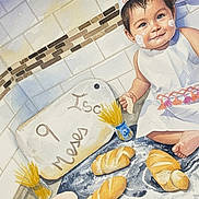 Isabella is registered to the contest to win money with this photo: baby, child, birthday, crown, smiling, sitting, portrait, food, bread, pastries, snacks, table, plate, kitchen, tiles, watercolor, painting, celebration, indoor, happy