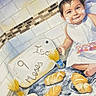 baby, birthday, bread, celebration, child, crown, food, happy, indoor, kitchen, painting, pastries, plate, portrait, sitting, smiling, snacks, table, tiles, watercolor