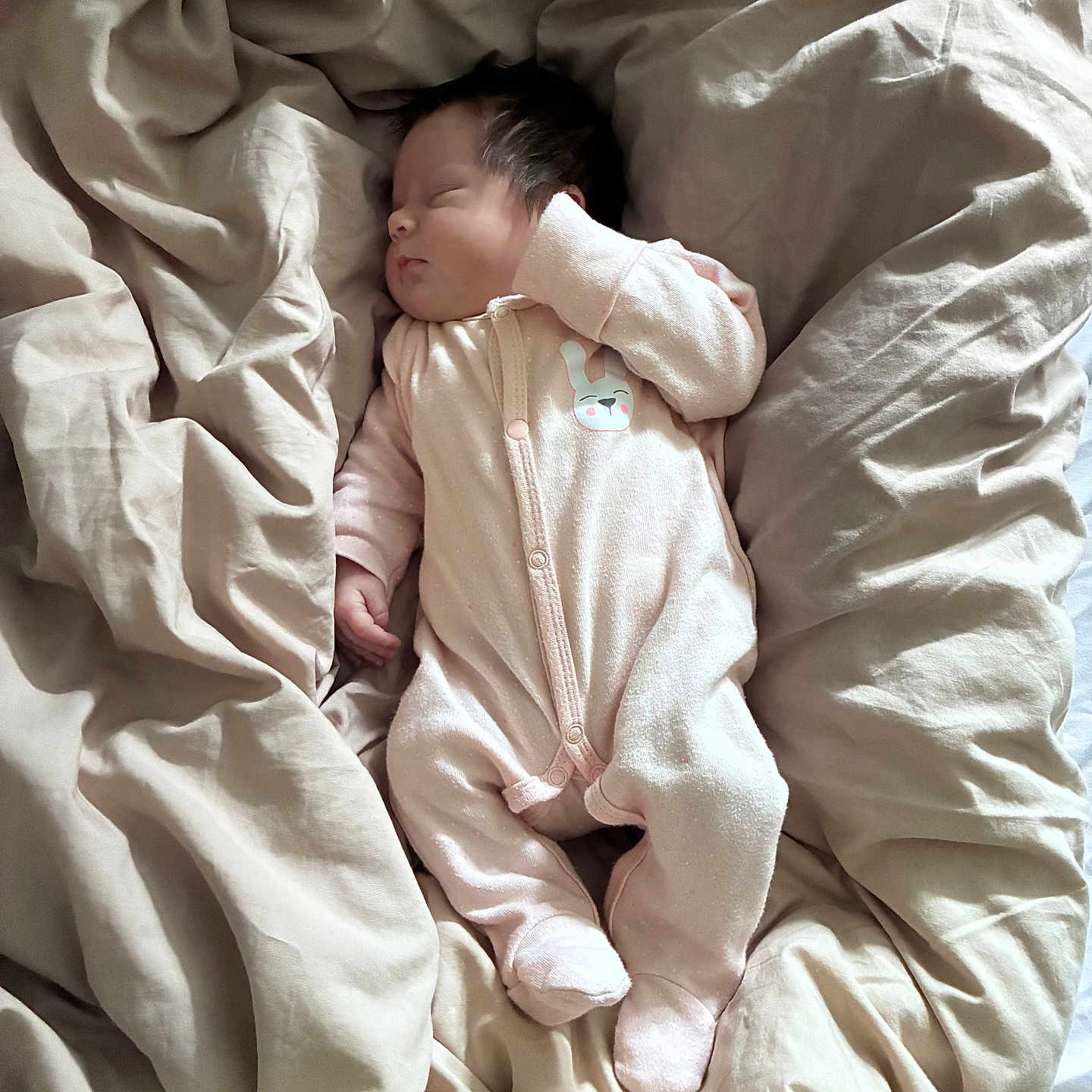 Aaliyah participe au concours pour gagner de l'argent avec cette photo : baby, sleeping, blanket, bedding, bed, infant, onesie, pink_clothing, soft_texture, cozy, peaceful, rest, cute, newborn, indoor, portrait, child, face, head, comfort
